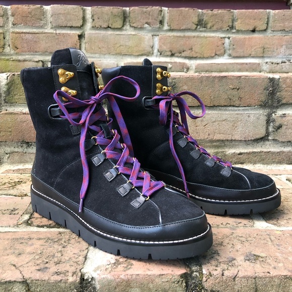 J. Crew Elsa Lace Up Boots Size 8 Black Suede Leather Purple Laces Moto BD324 - Picture 1 of 13